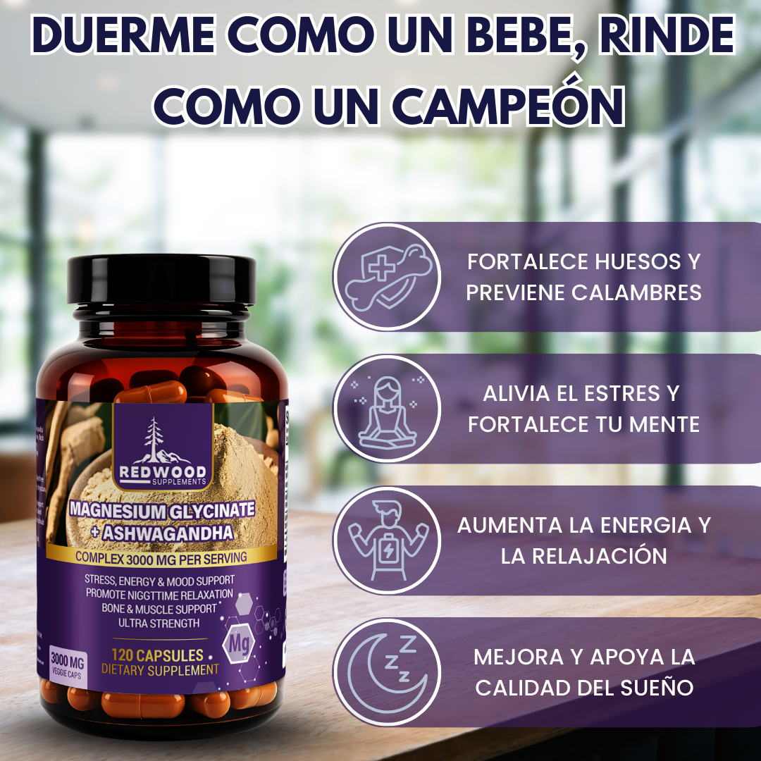 GLICINATO DE MAGNESIO CON ASHWAGANDHA 3000MG 120 CAPSULAS REDWOOD
