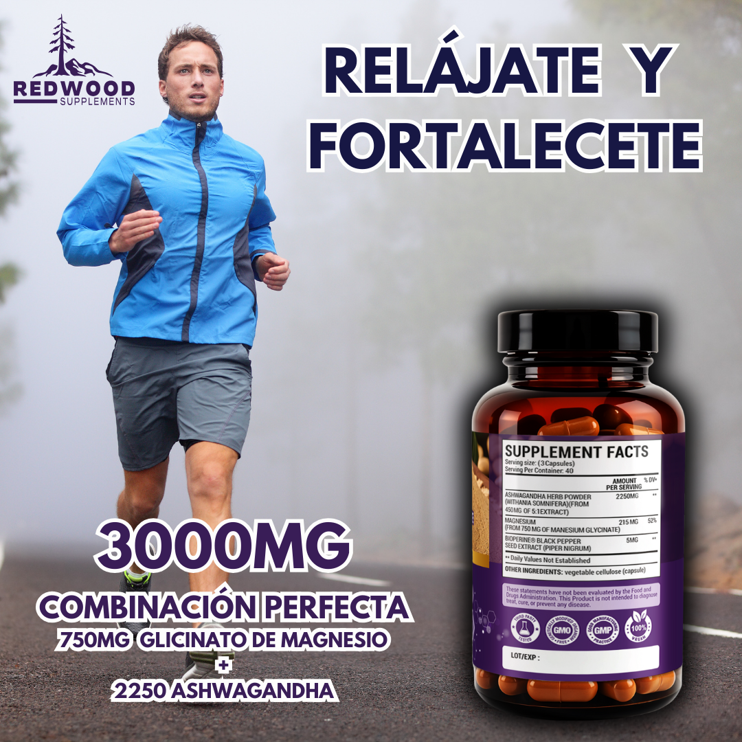 GLICINATO DE MAGNESIO CON ASHWAGANDHA 3000MG 120 CAPSULAS REDWOOD