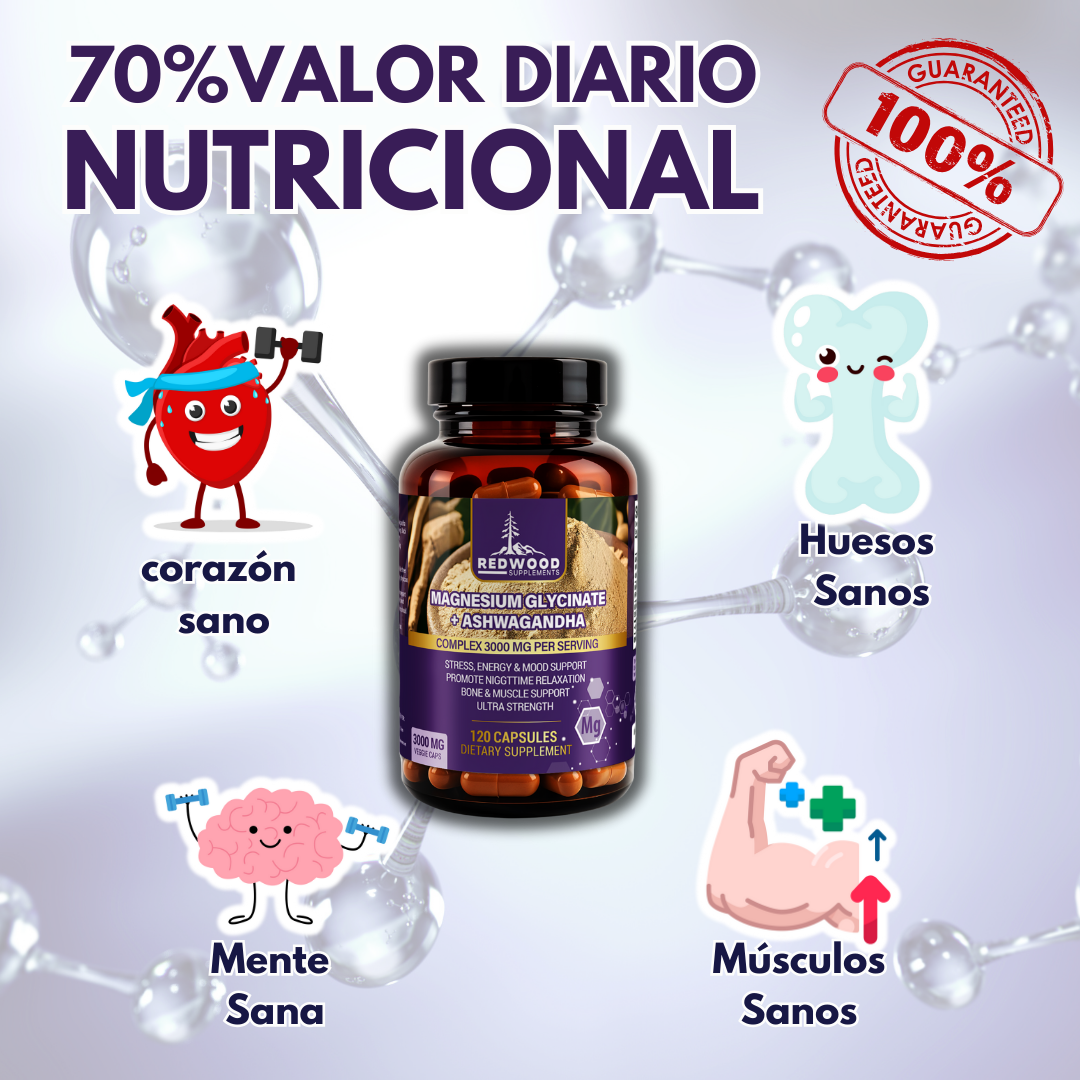 GLICINATO DE MAGNESIO CON ASHWAGANDHA 3000MG 120 CAPSULAS REDWOOD