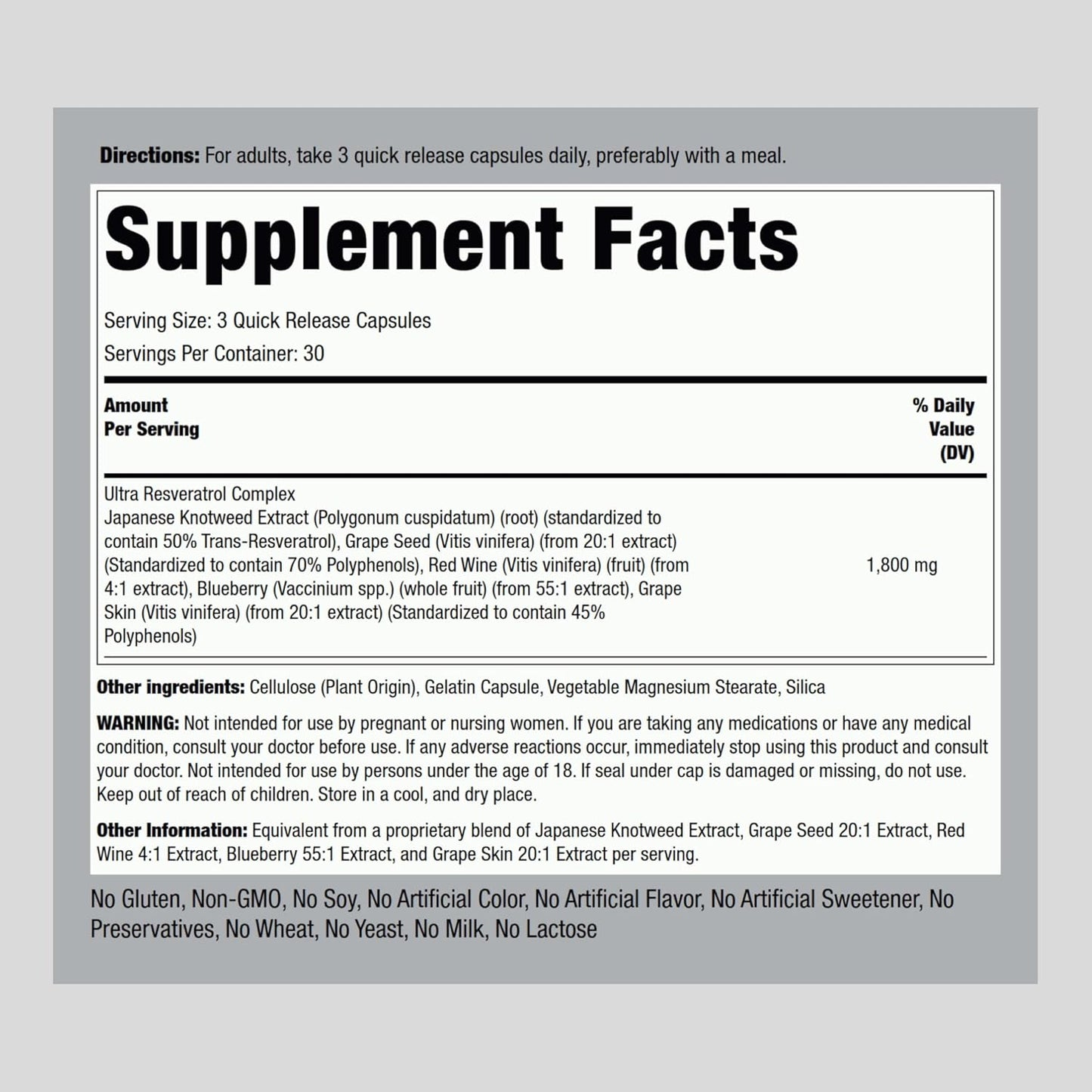 RESVERATROL 1800MG 90 CÁPSULAS PIPING ROCK