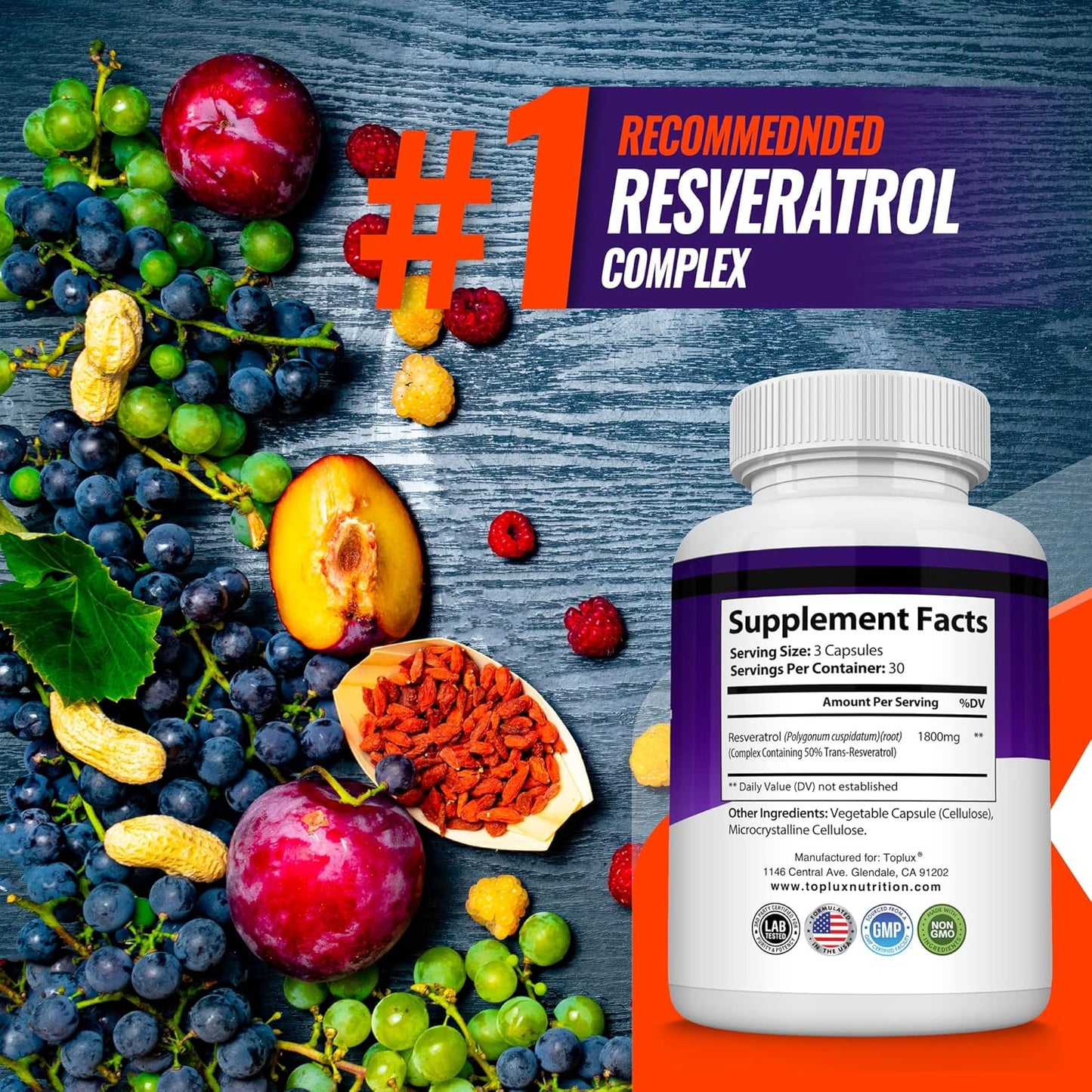 RESVERATROL 1800 MG COMPLEJO ANTIOXIDANTE 90 CÁPSULAS TOPLUX