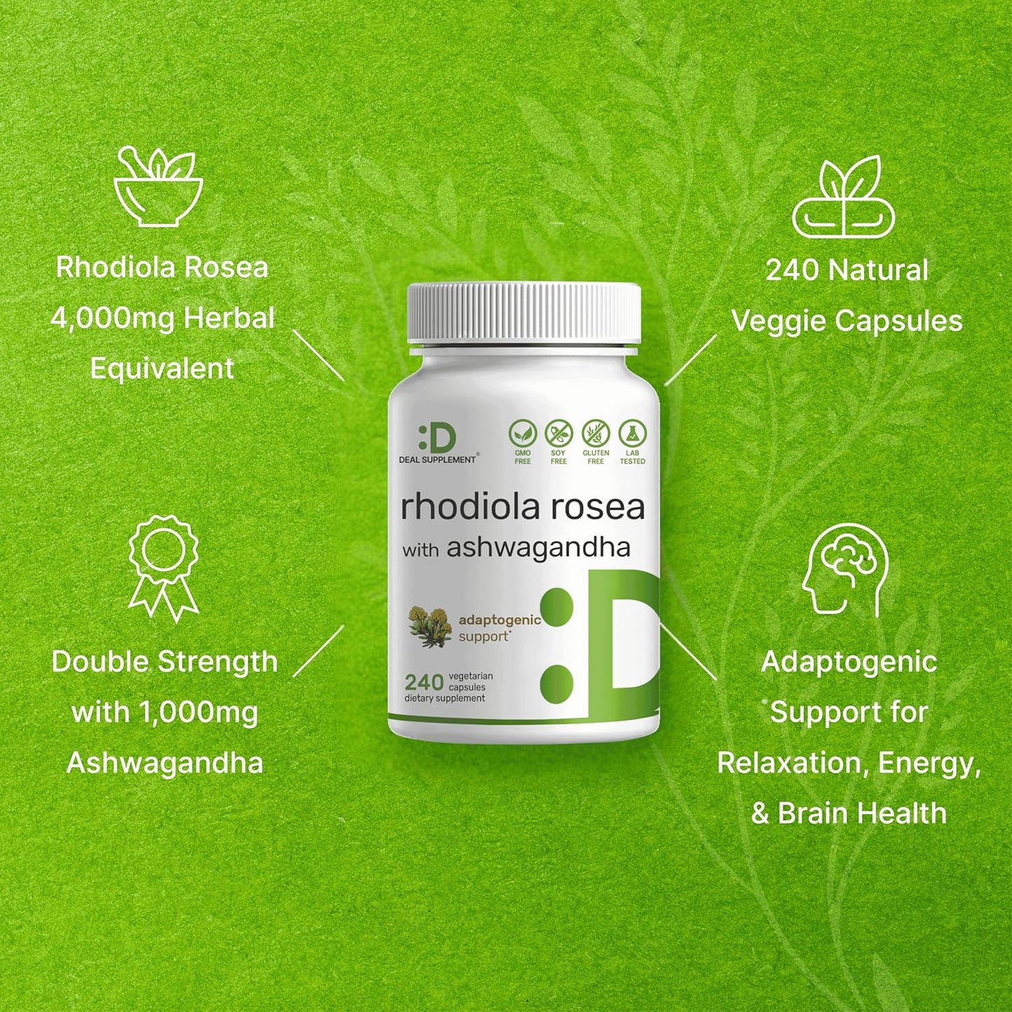 RHODIOLA ROSEA CON ASHWAGANDHA 5,000 MG 240 CÁPSULAS DEAL SUPPLEMENT