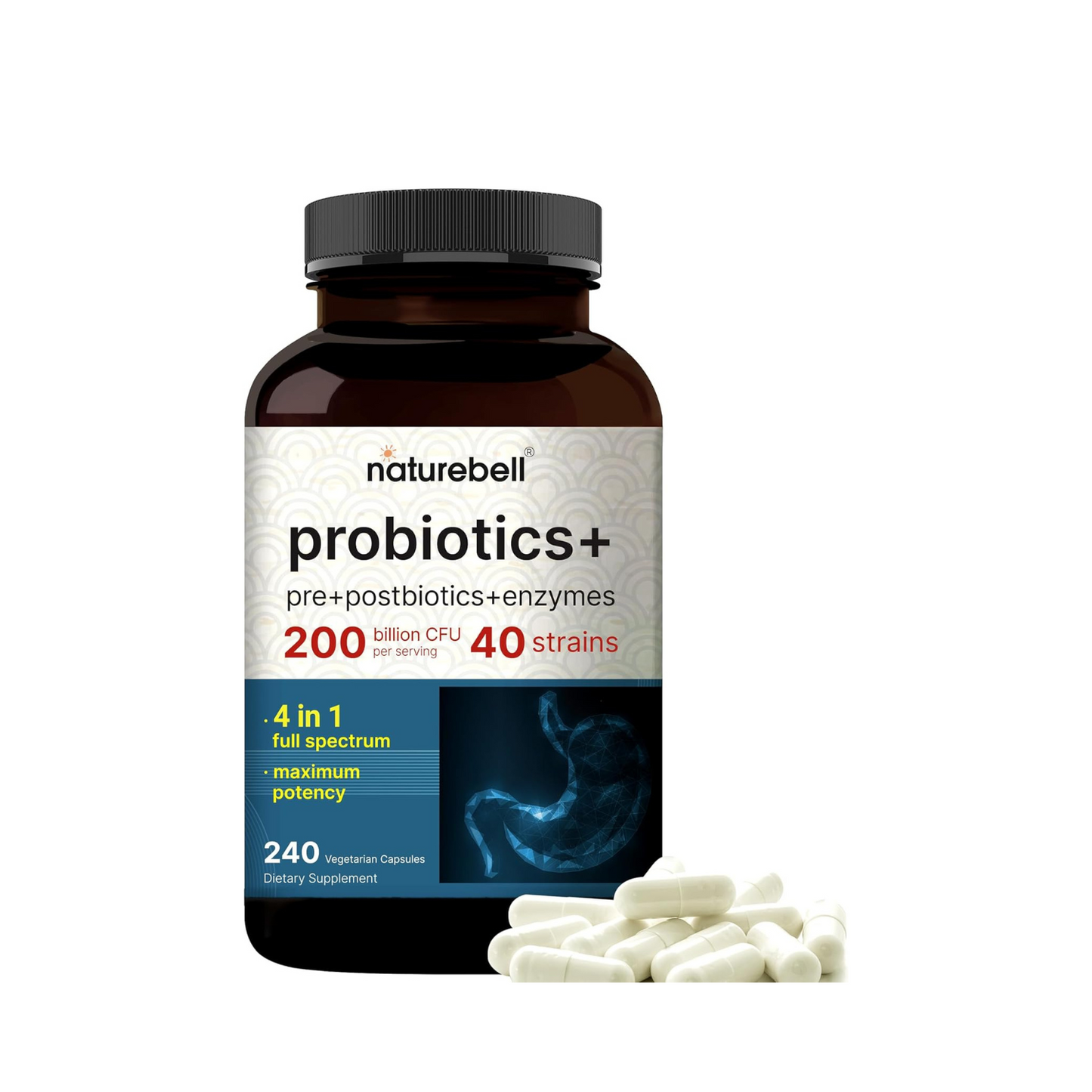 PROBIÓTICOS ORALES 40 CEPAS 200 BILLONES UFC ENZIMAS DIGESTIVAS + PREBIÓTICOS 250 CÁPSULAS NATUREBELL