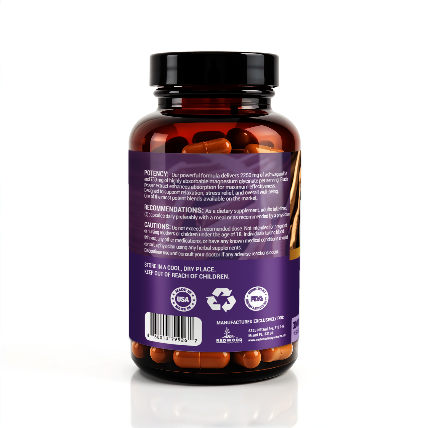 GLICINATO DE MAGNESIO CON ASHWAGANDHA 3000MG 120 CAPSULAS REDWOOD