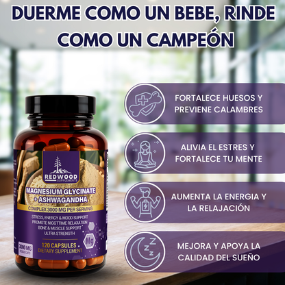 GLICINATO DE MAGNESIO CON ASHWAGANDHA 3000MG 120 CAPSULAS REDWOOD