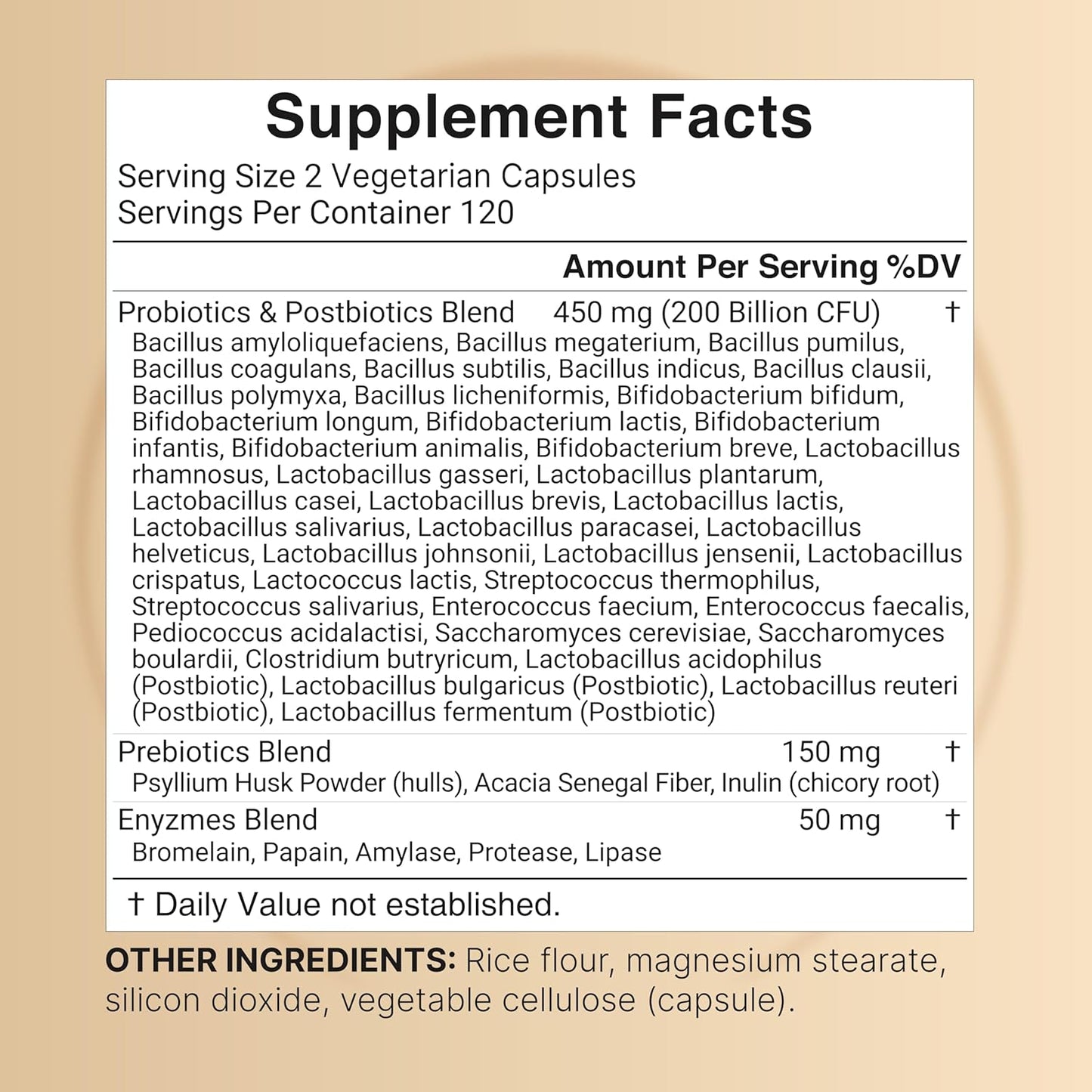 Probióticos orales 40 cepas 200 billones UFC enzimas digestivas + prebióticos