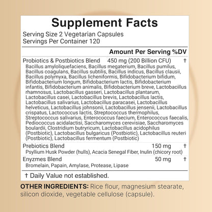 Probióticos orales 40 cepas 200 billones UFC enzimas digestivas + prebióticos