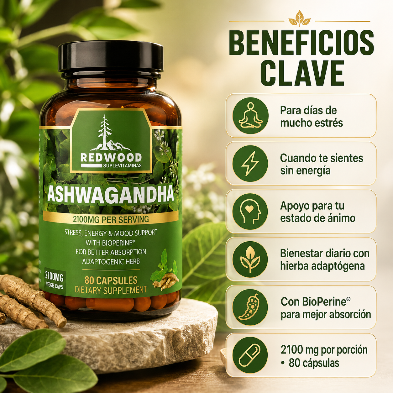 ASHWAGANDHA  2100 MG SUPLEVITAMINAS LÍNEA REDWOOD PACK 2