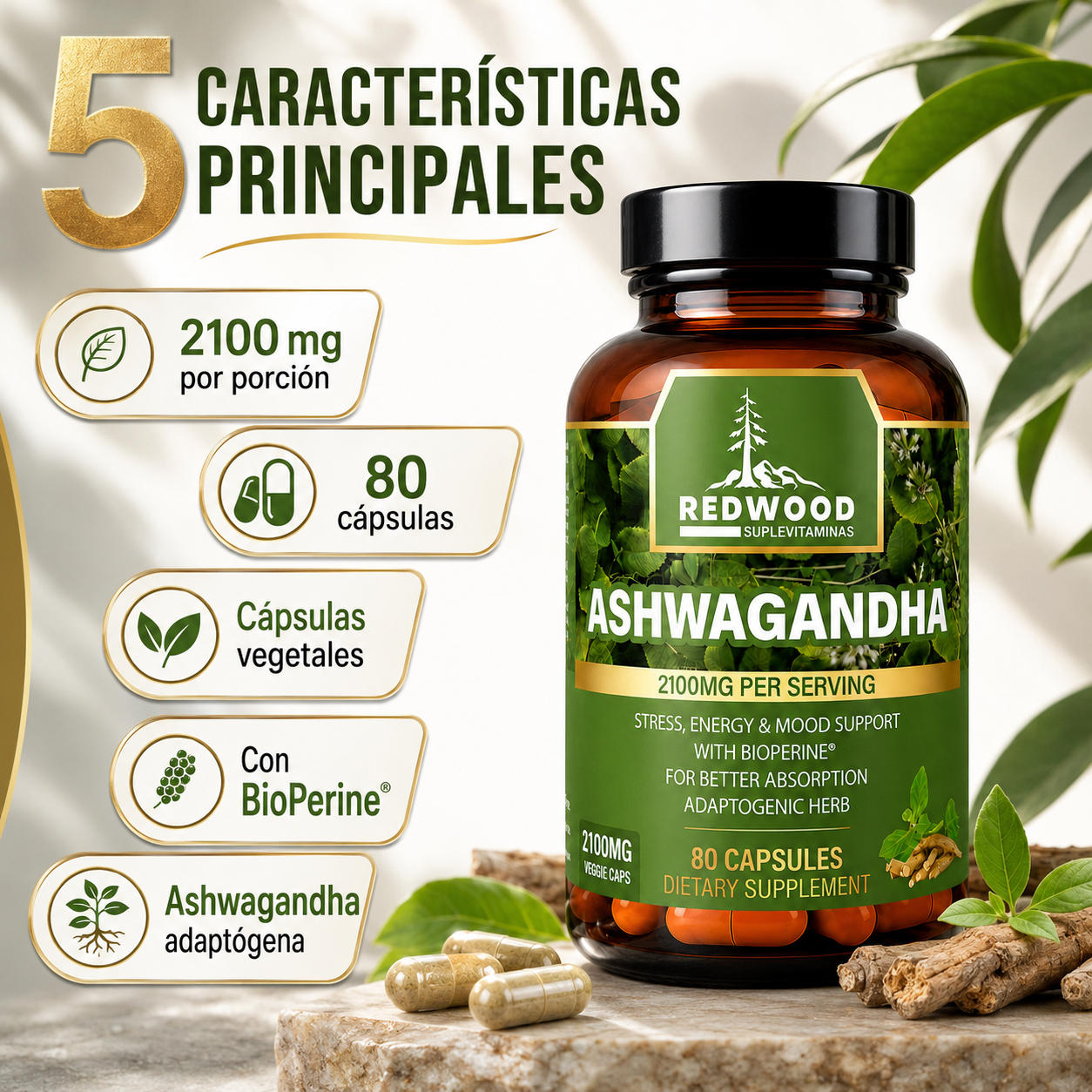 ASHWAGANDHA  2100 MG SUPLEVITAMINAS LÍNEA REDWOOD PACK 2