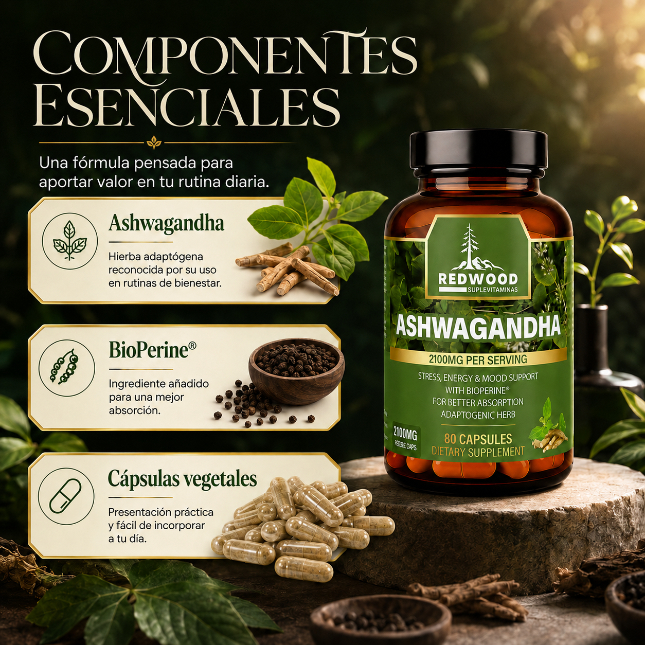 ASHWAGANDHA  2100 MG SUPLEVITAMINAS LÍNEA REDWOOD PACK 2