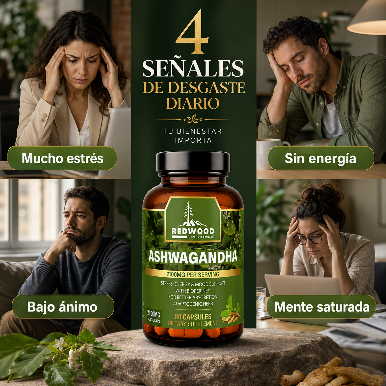 ASHWAGANDHA  2100 MG SUPLEVITAMINAS LÍNEA REDWOOD PACK 2