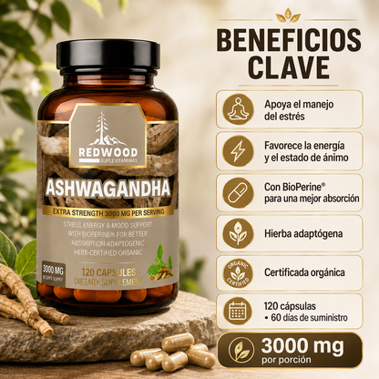 ASHWAGANDHA SUPLEVITAMINAS LÍNEA REDWOOD 3000 MG PACK 2