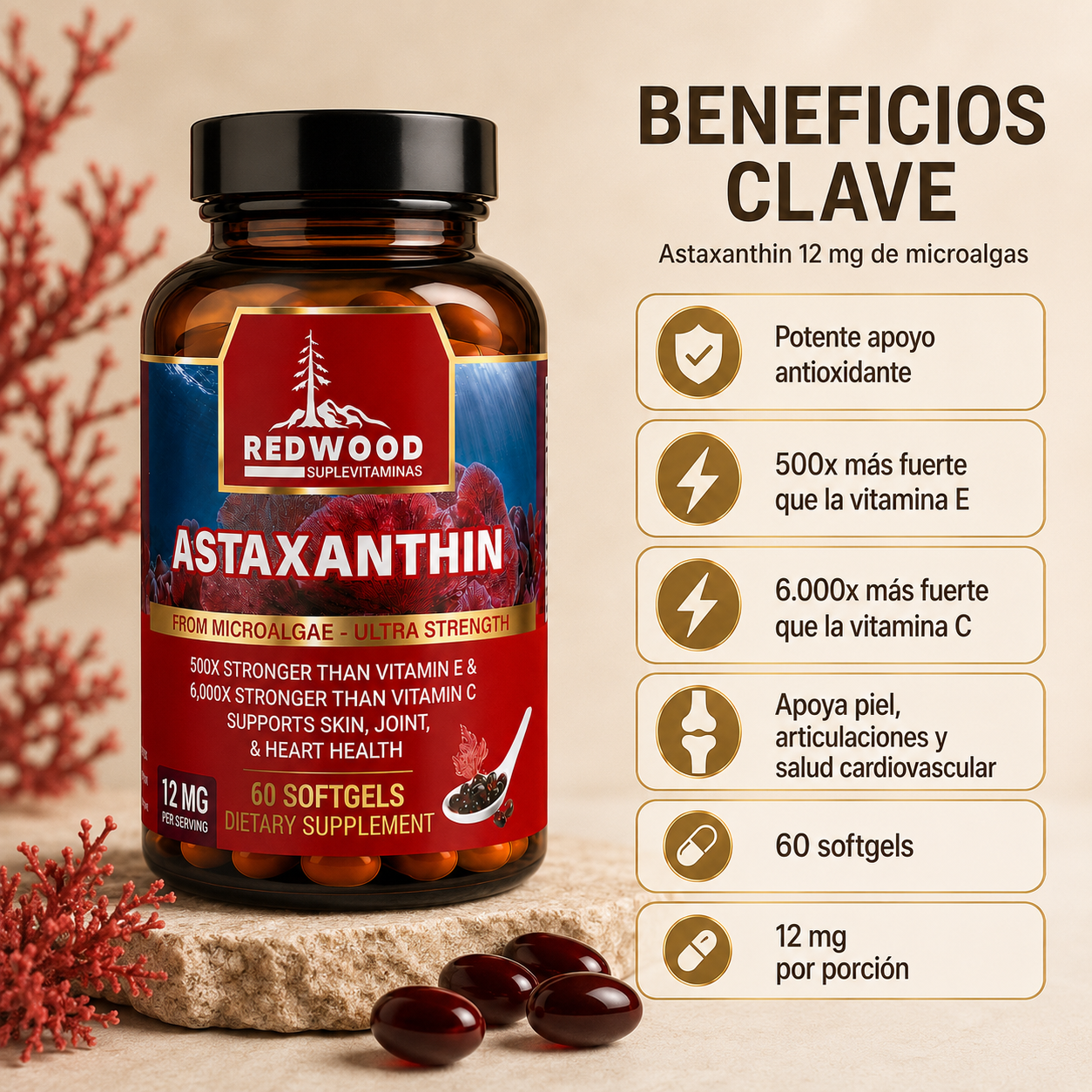 ASTAXANTINA NATURAL DE 12MG 60 SOFGELS SUPLEVITAMINAS LÍNEA REDWOOD