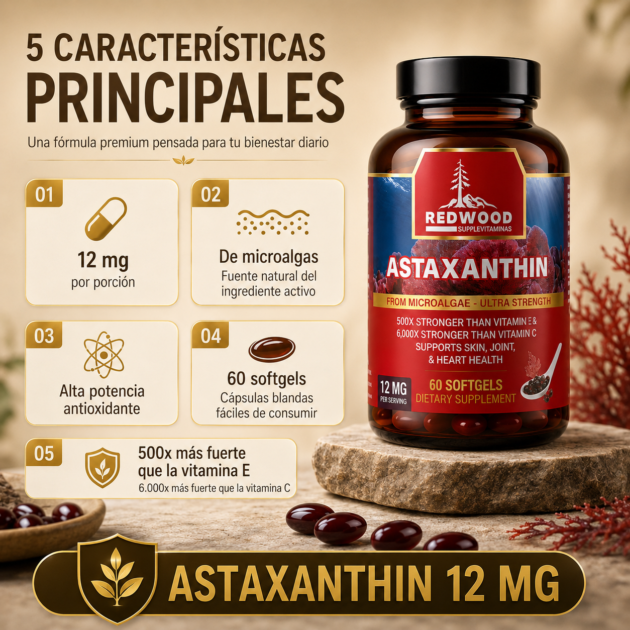ASTAXANTINA NATURAL DE 12MG 60 SOFGELS SUPLEVITAMINAS LÍNEA REDWOOD