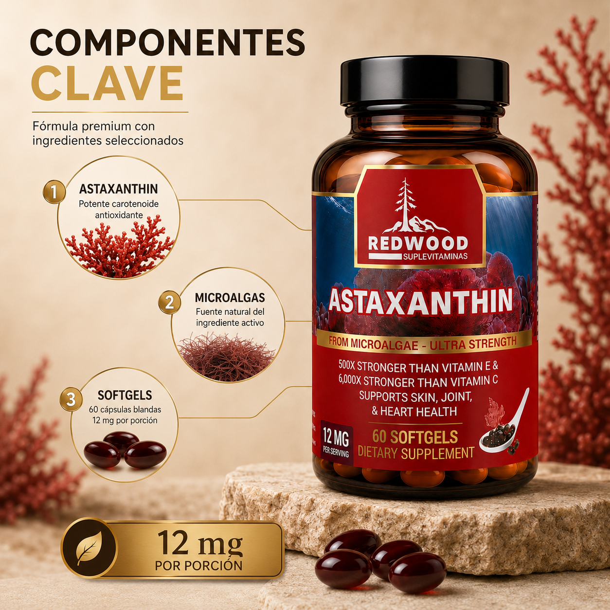 ASTAXANTINA NATURAL DE 12MG 60 SOFGELS SUPLEVITAMINAS LÍNEA REDWOOD