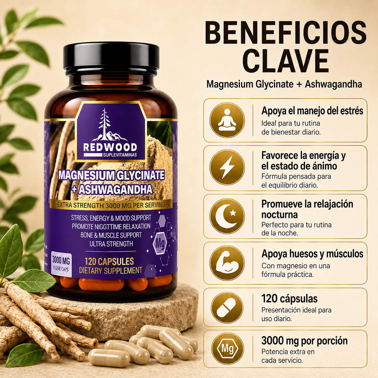 GLICINATO DE MAGNESIO CON ASHWAGANDHA 3000MG 120 CAPSULAS SUPLEVITAMINAS LÍNEA REDWOOD