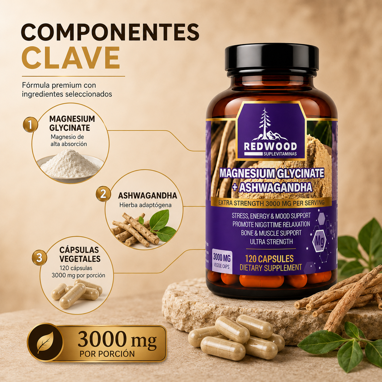 GLICINATO DE MAGNESIO CON ASHWAGANDHA 3000MG 120 CAPSULAS SUPLEVITAMINAS LÍNEA REDWOOD