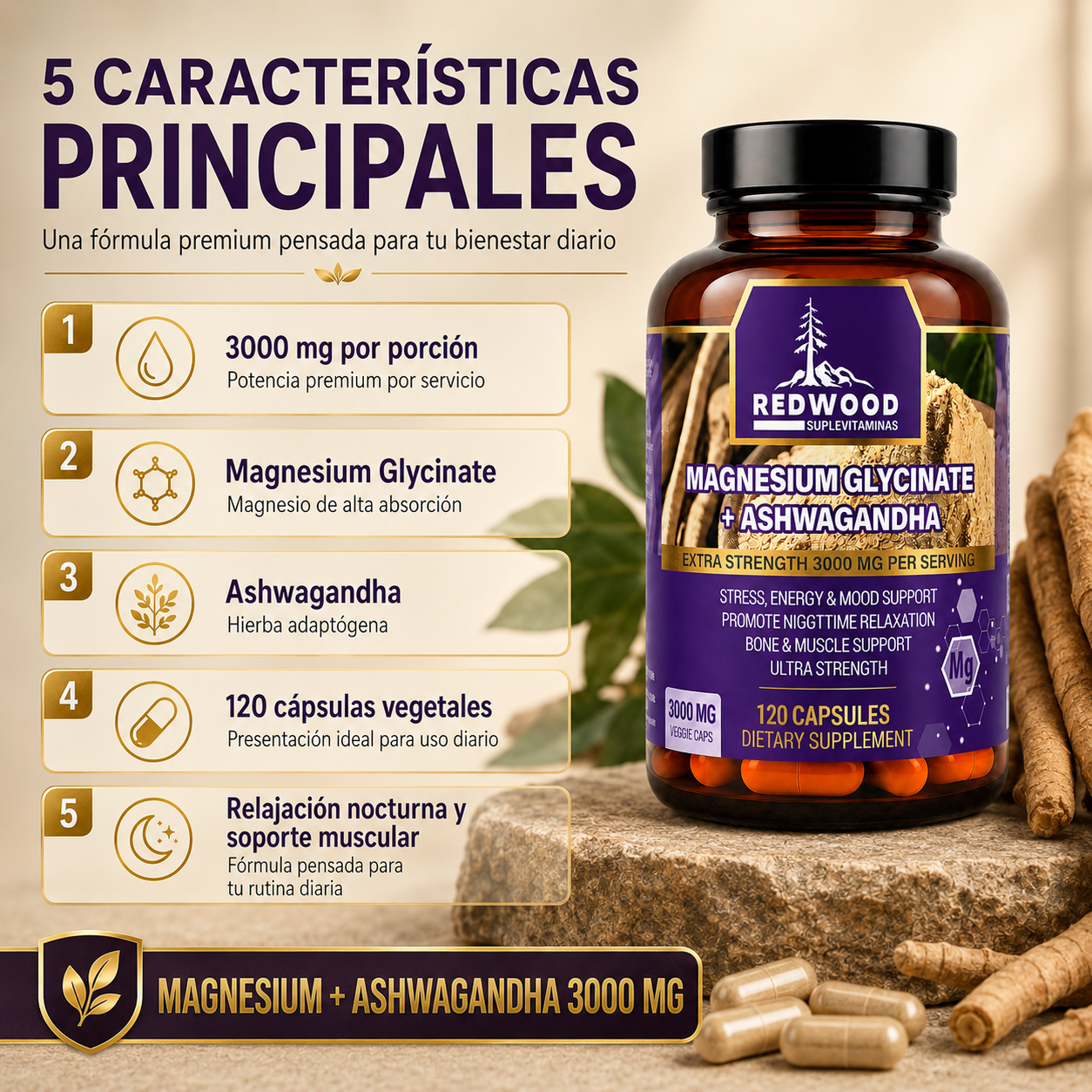 GLICINATO DE MAGNESIO CON ASHWAGANDHA 3000MG 120 CAPSULAS SUPLEVITAMINAS LÍNEA REDWOOD