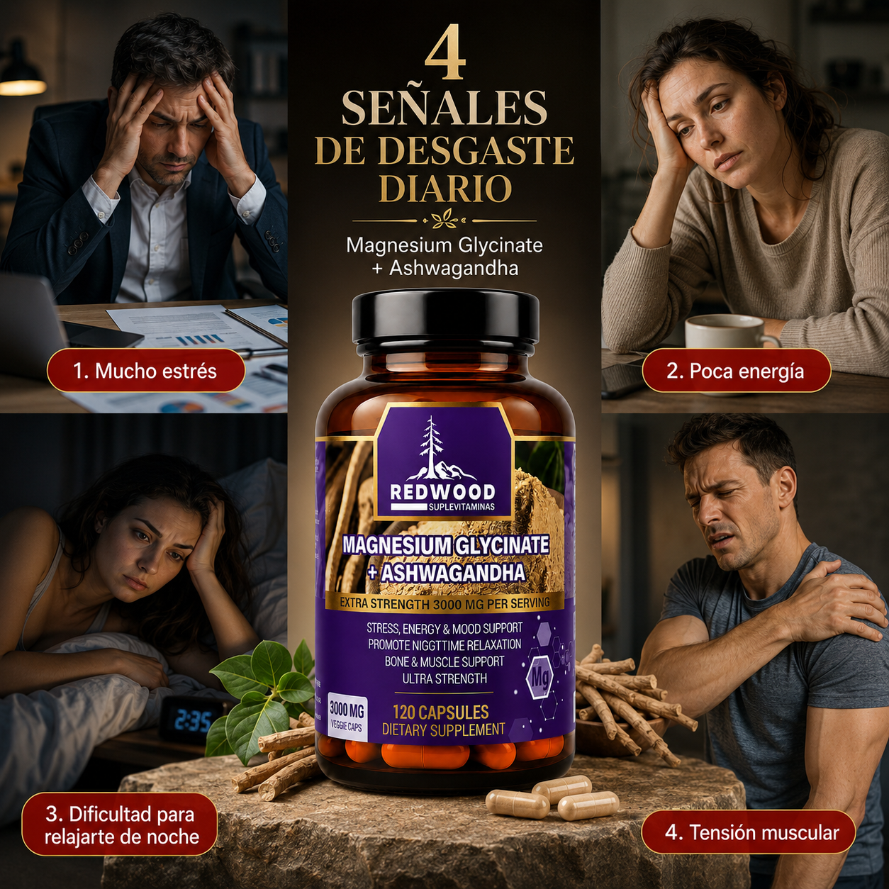 GLICINATO DE MAGNESIO CON ASHWAGANDHA 3000MG 120 CAPSULAS SUPLEVITAMINAS LÍNEA REDWOOD