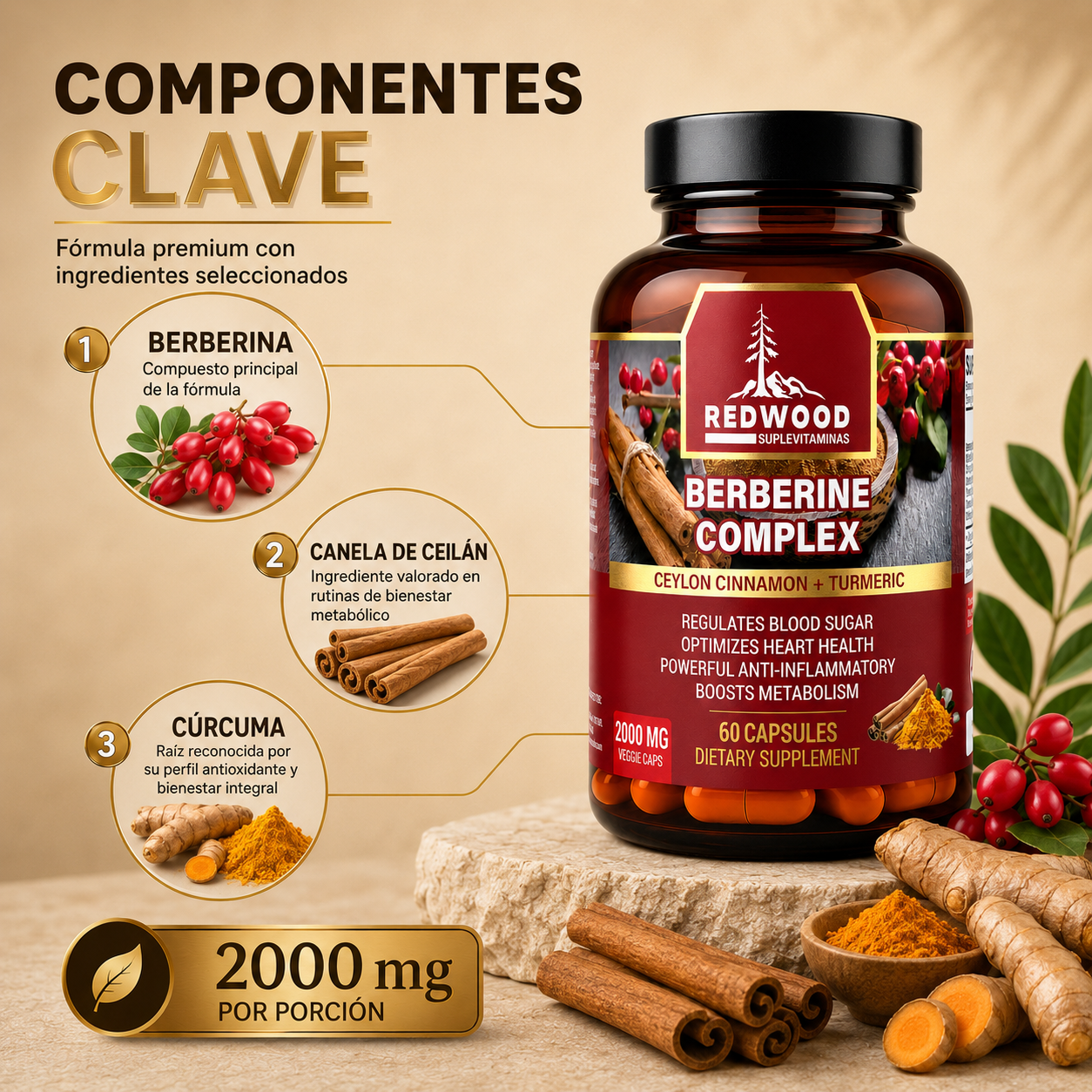 BERBERINA CON CANELA Y CURCUMA 2000MG 60 CAPSULAS SUPLEVITAMINAS LÍNEA REDWOOD