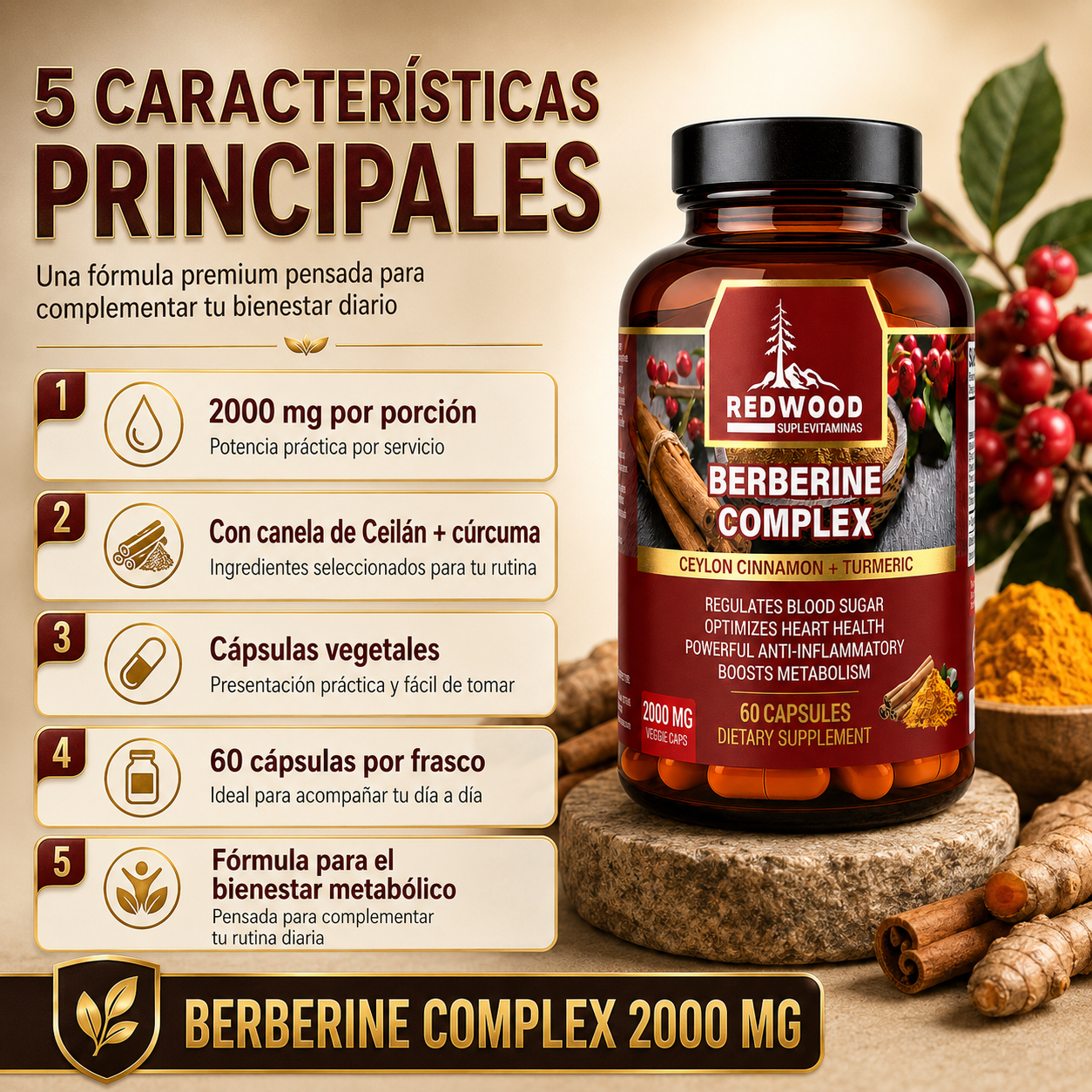 BERBERINA CON CANELA Y CURCUMA 2000MG 60 CAPSULAS SUPLEVITAMINAS LÍNEA REDWOOD