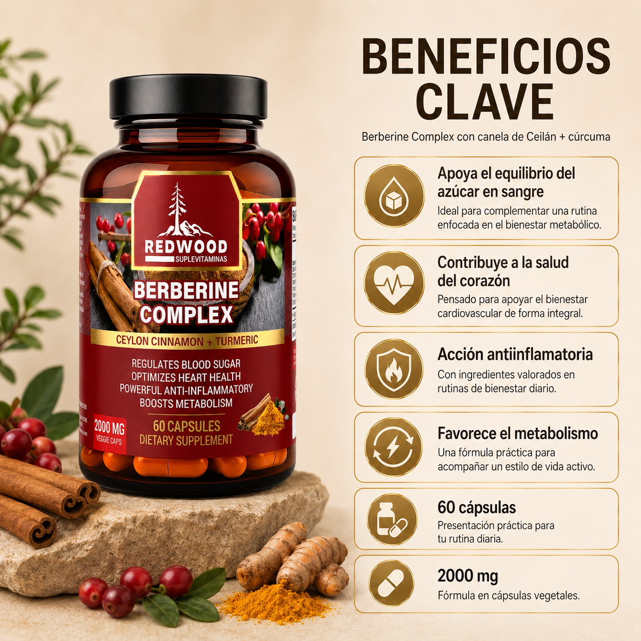 BERBERINA CON CANELA Y CURCUMA 2000MG 60 CAPSULAS SUPLEVITAMINAS LÍNEA REDWOOD