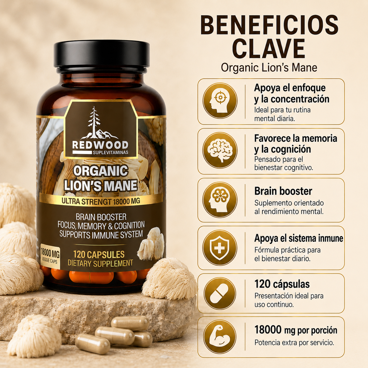 MELENA DE LEON ORGANICA HONGO MELENA DE LEÓN 18000MG SUPLEVITAMINAS LÍNEA REDWOOD