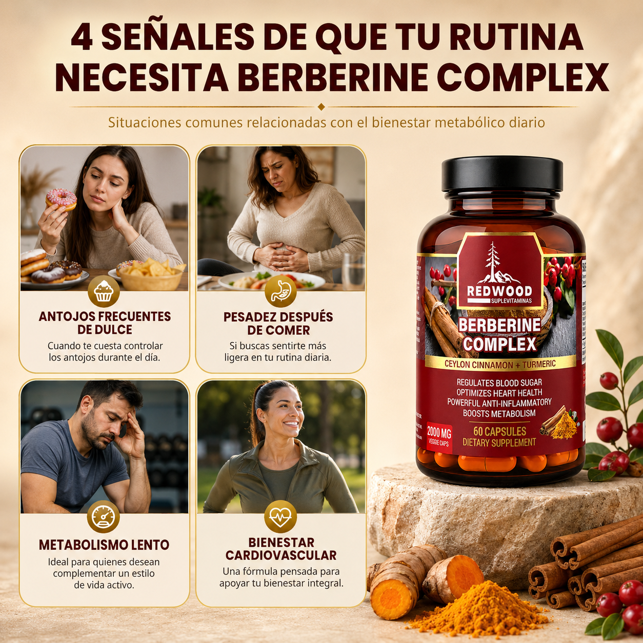 BERBERINA CON CANELA Y CURCUMA 2000MG 60 CAPSULAS SUPLEVITAMINAS LÍNEA REDWOOD