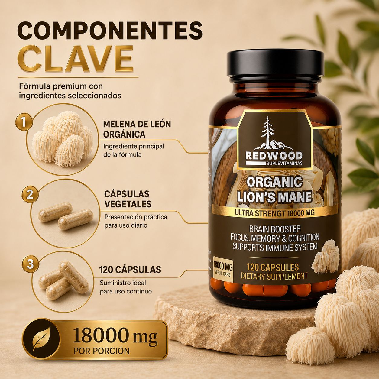 MELENA DE LEON ORGANICA HONGO MELENA DE LEÓN 18000MG SUPLEVITAMINAS LÍNEA REDWOOD