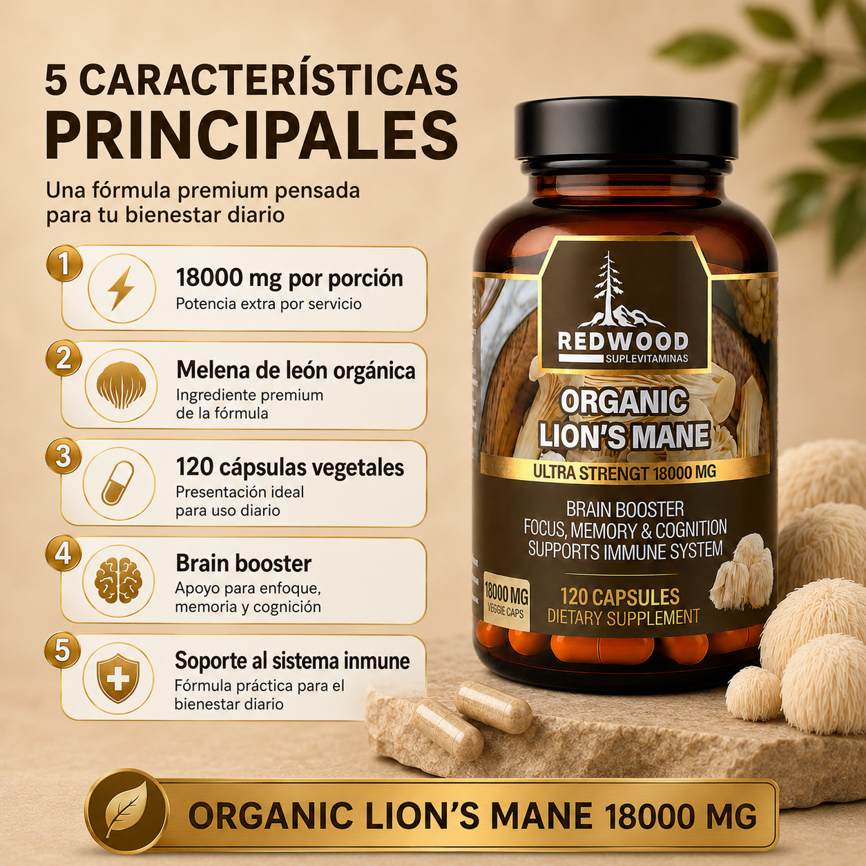 MELENA DE LEON ORGANICA HONGO MELENA DE LEÓN 18000MG SUPLEVITAMINAS LÍNEA REDWOOD