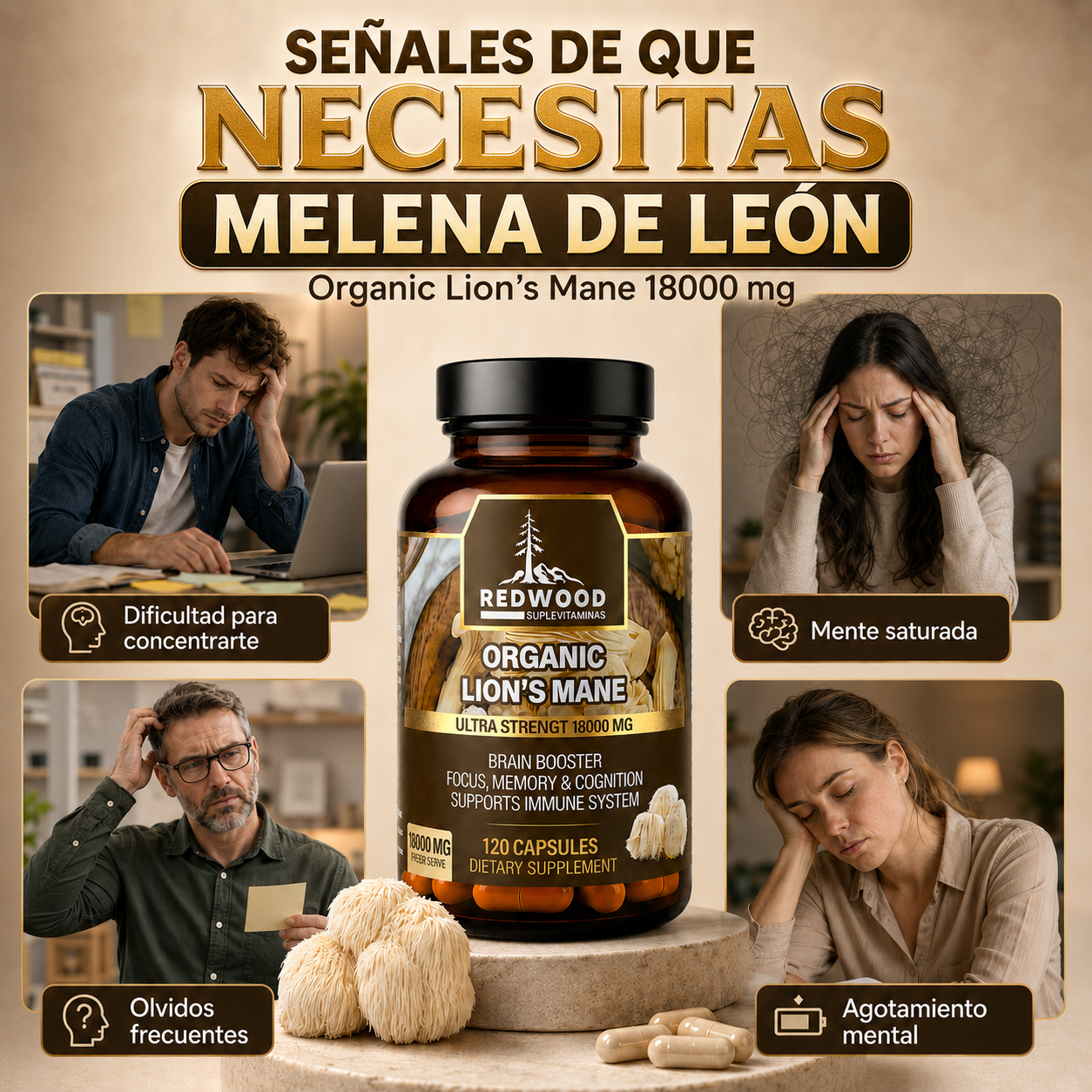 MELENA DE LEON ORGANICA HONGO MELENA DE LEÓN 18000MG SUPLEVITAMINAS LÍNEA REDWOOD