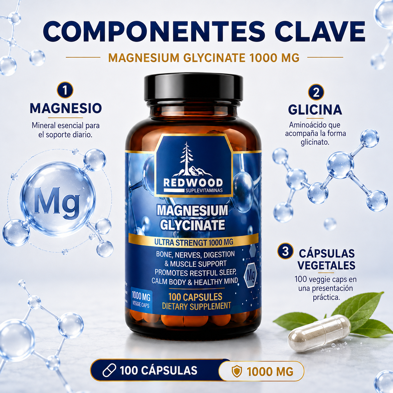 GLICINATO DE MAGNESIO EXTRA FUERTE 1000MG 100 CAPSULAS SUPLEVITAMINAS LÍNEA REDWOOD