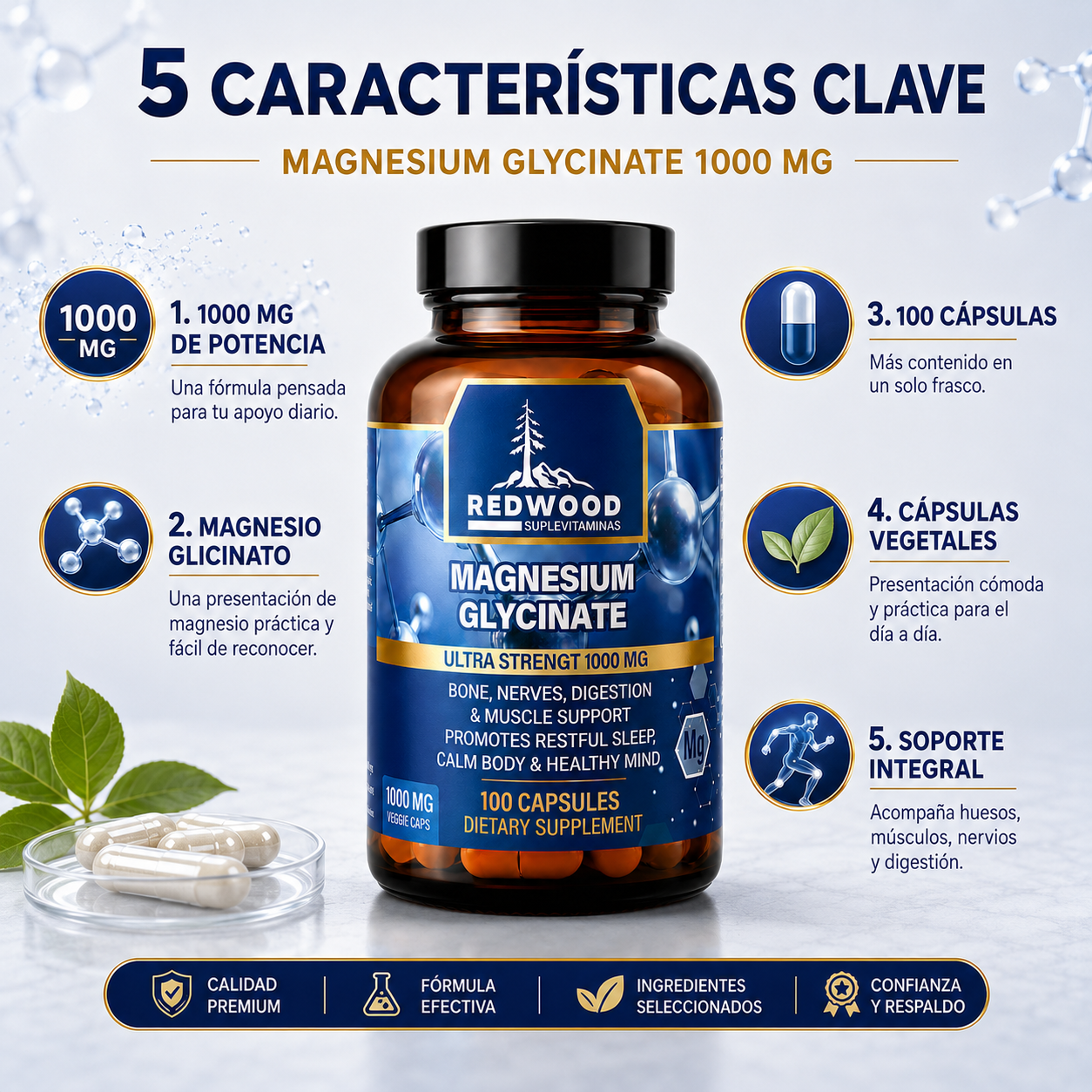 GLICINATO DE MAGNESIO EXTRA FUERTE 1000MG 100 CAPSULAS SUPLEVITAMINAS LÍNEA REDWOOD