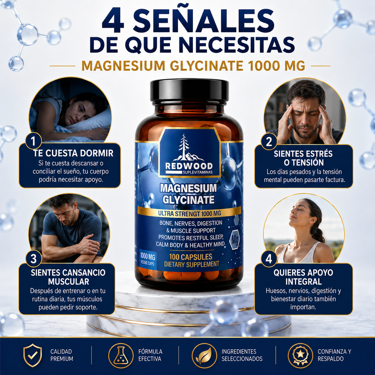 GLICINATO DE MAGNESIO EXTRA FUERTE 1000MG 100 CAPSULAS SUPLEVITAMINAS LÍNEA REDWOOD