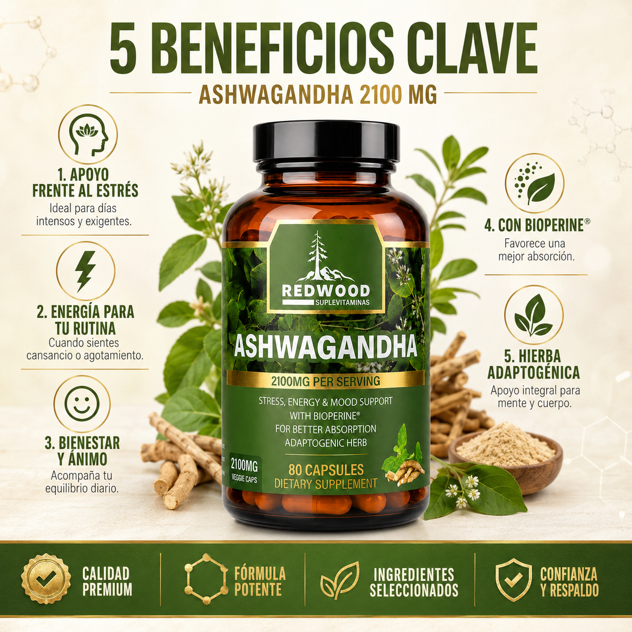 ASHWAGANDHA ORGANICO SUPLEVITAMINAS LÍNEA REDWOOD 2100 MG