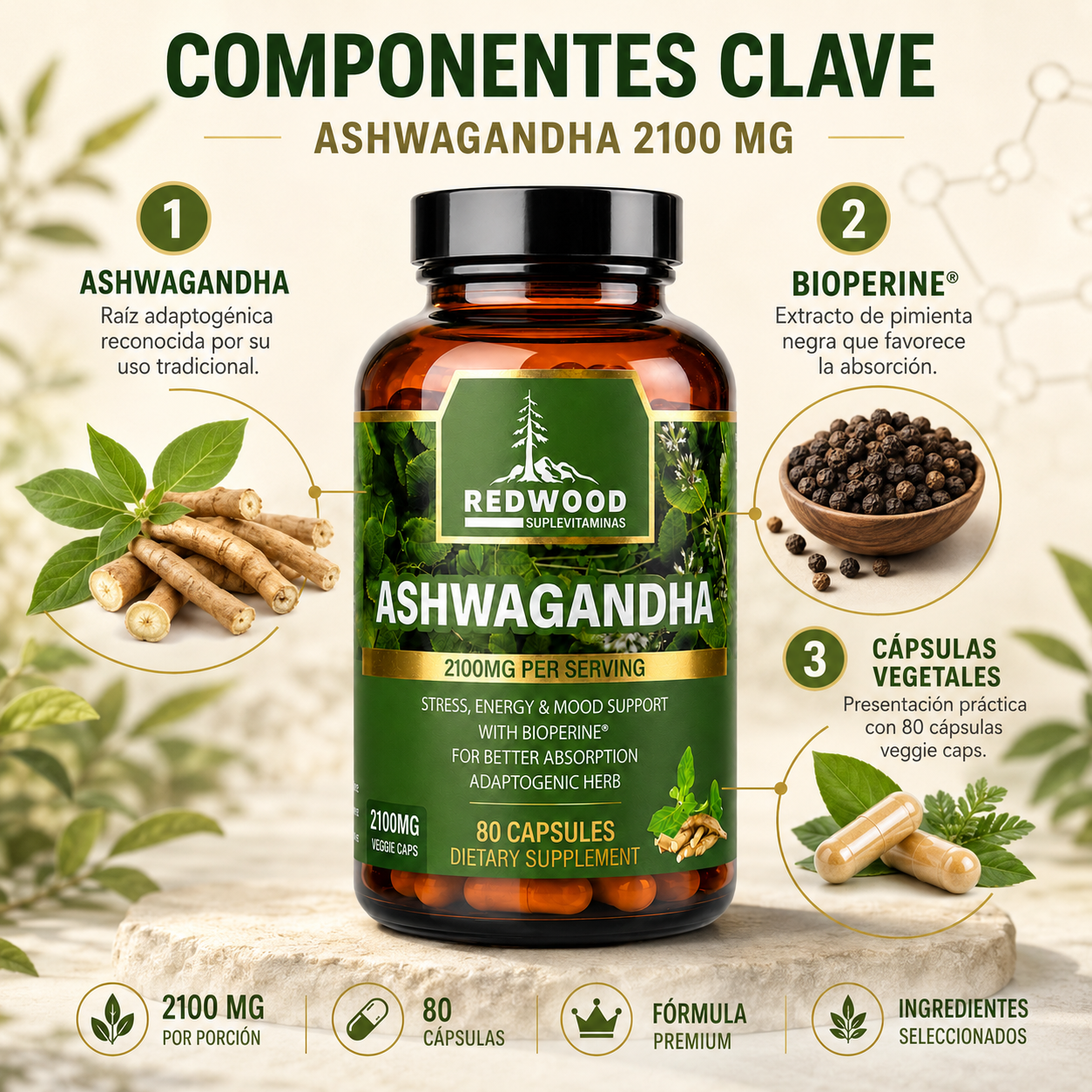 ASHWAGANDHA ORGANICO SUPLEVITAMINAS LÍNEA REDWOOD 2100 MG