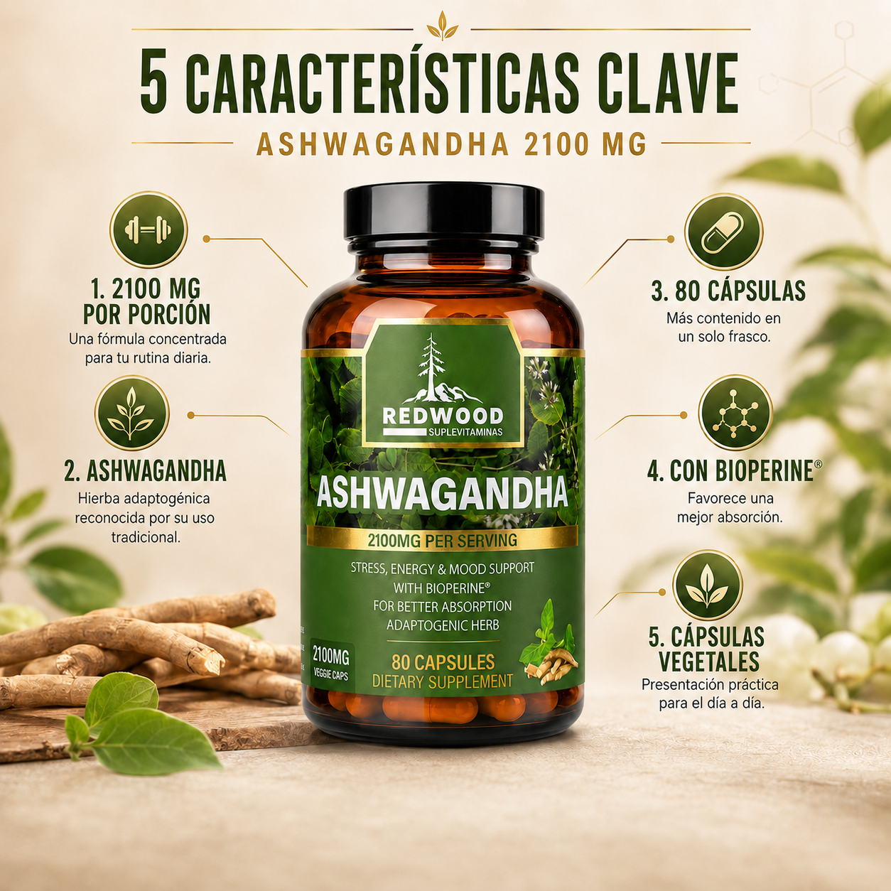 ASHWAGANDHA ORGANICO SUPLEVITAMINAS LÍNEA REDWOOD 2100 MG