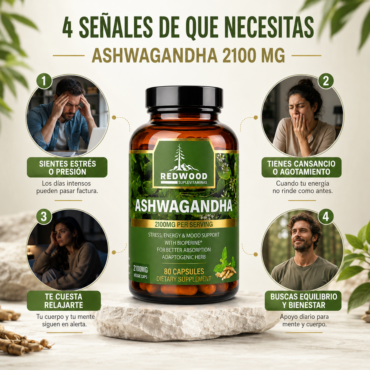 ASHWAGANDHA ORGANICO SUPLEVITAMINAS LÍNEA REDWOOD 2100 MG