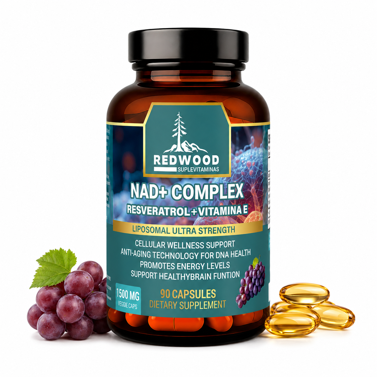 NAD NICOTINAMIDA CON RESVERATROL 1500MG 90 CAPSULAS SUPLEVITAMINAS LÍNEA REDWOOD