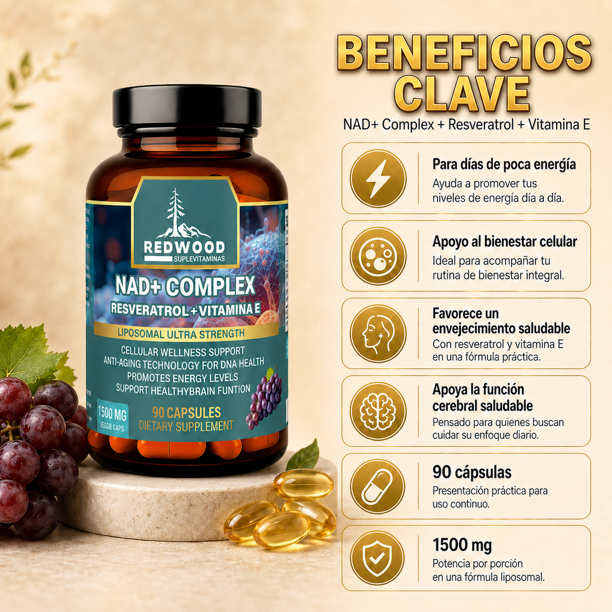 NAD NICOTINAMIDA CON RESVERATROL 1500MG 90 CAPSULAS SUPLEVITAMINAS LÍNEA REDWOOD