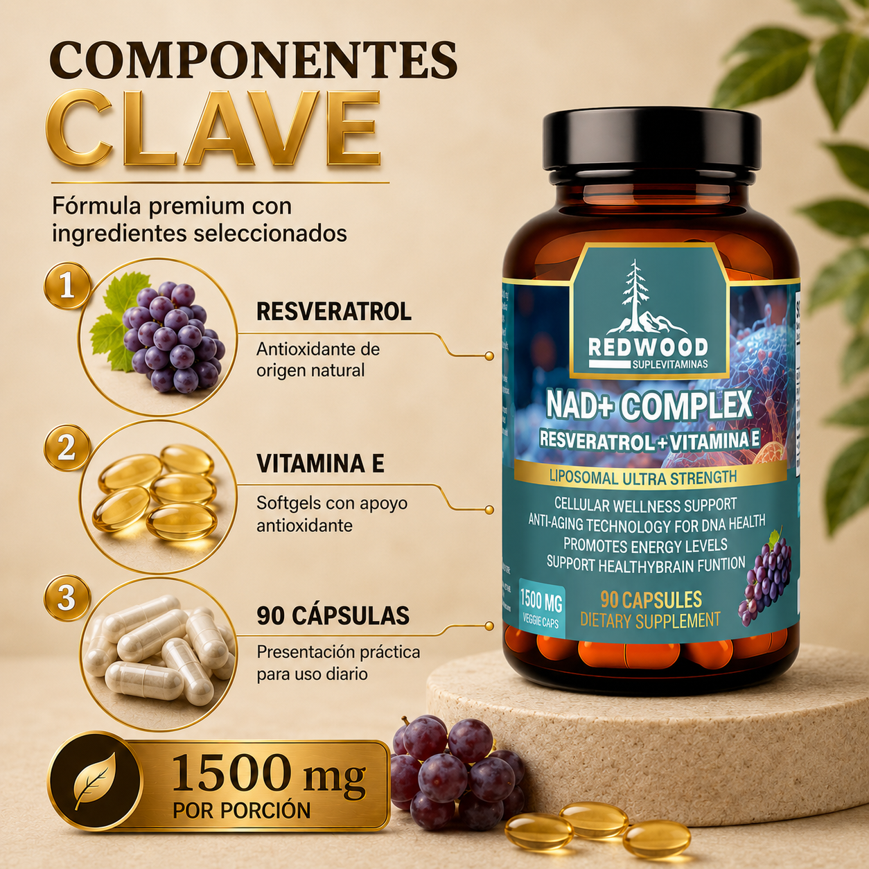 NAD NICOTINAMIDA CON RESVERATROL 1500MG 90 CAPSULAS SUPLEVITAMINAS LÍNEA REDWOOD
