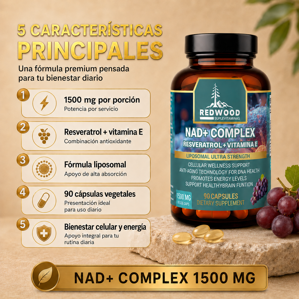 NAD NICOTINAMIDA CON RESVERATROL 1500MG 90 CAPSULAS SUPLEVITAMINAS LÍNEA REDWOOD