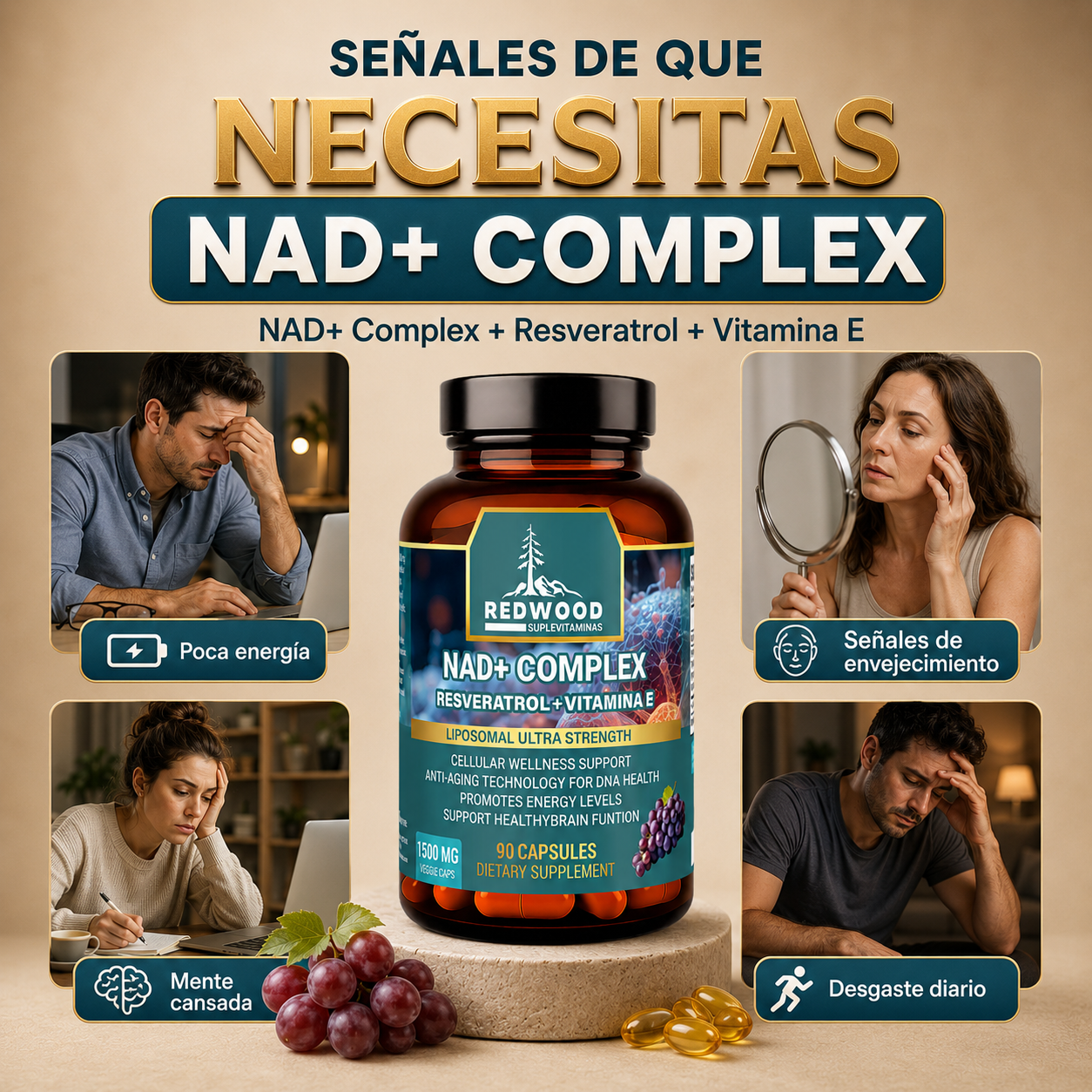 NAD NICOTINAMIDA CON RESVERATROL 1500MG 90 CAPSULAS SUPLEVITAMINAS LÍNEA REDWOOD