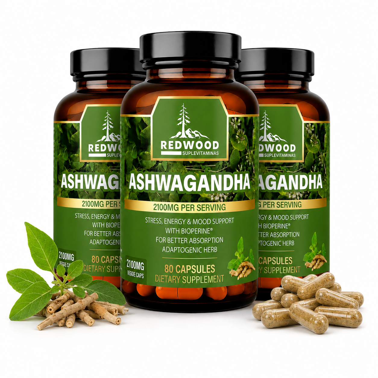 ASHWAGANDHA 2100 MG SUPLEVITAMINAS LÍNEA REDWOOD PACK 3