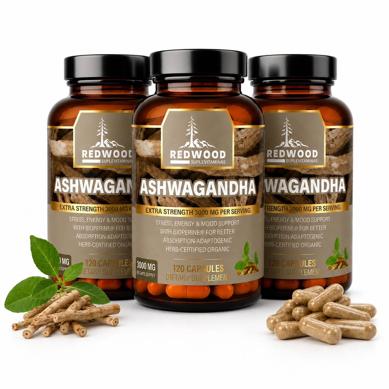 ASHWAGANDHA SUPLEVITAMINAS LÍNEA REDWOOD 3000 MG PACK 3
