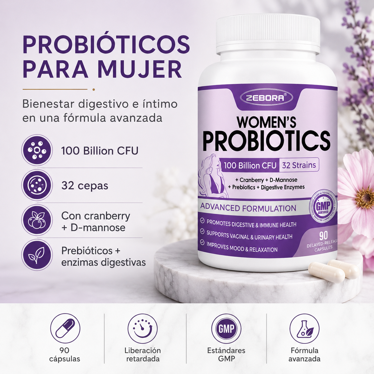 PRÓBIOTICOS PARA LA MUJER 32 CEPAS 100 BILLONES ZEBORA