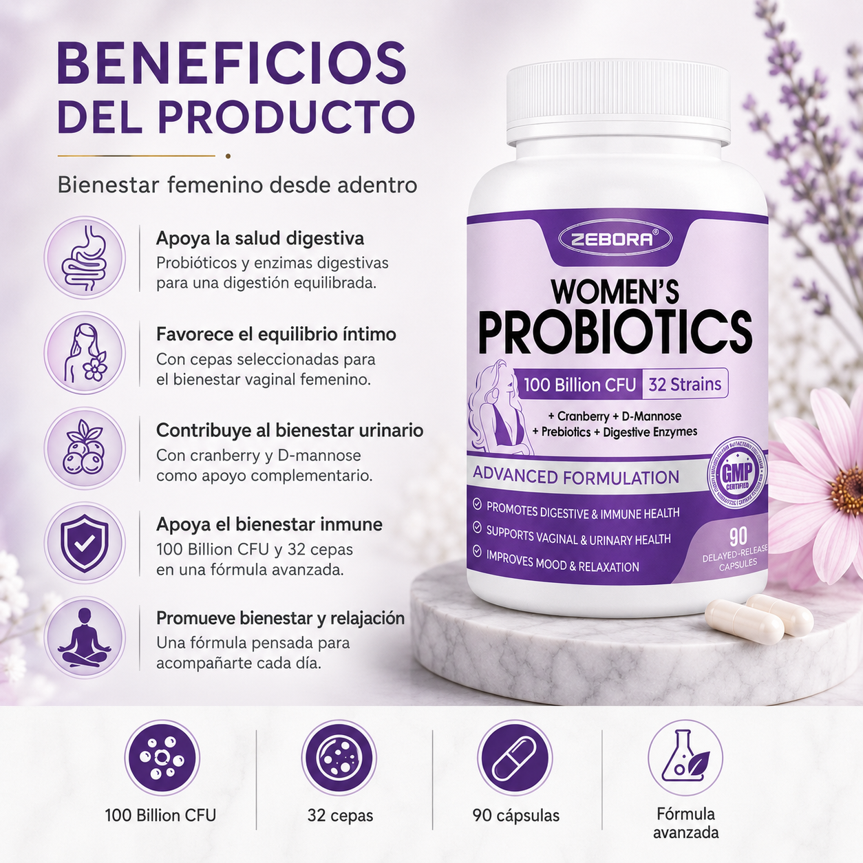 PRÓBIOTICOS PARA LA MUJER 32 CEPAS 100 BILLONES ZEBORA