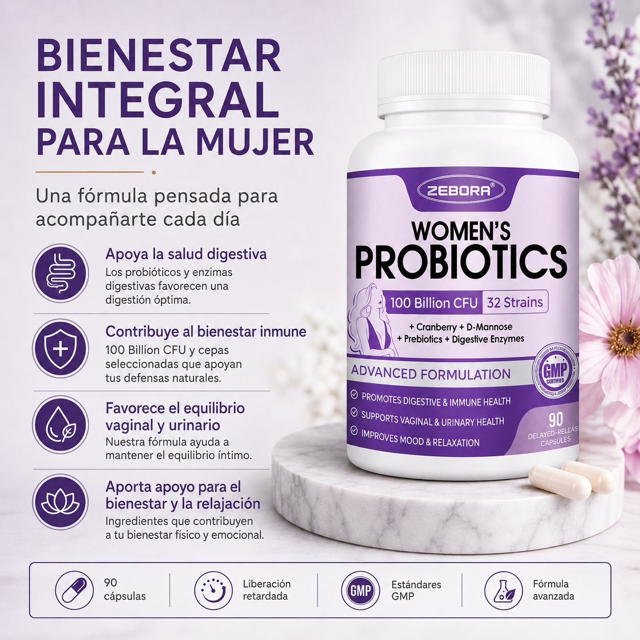 PRÓBIOTICOS PARA LA MUJER 32 CEPAS 100 BILLONES ZEBORA
