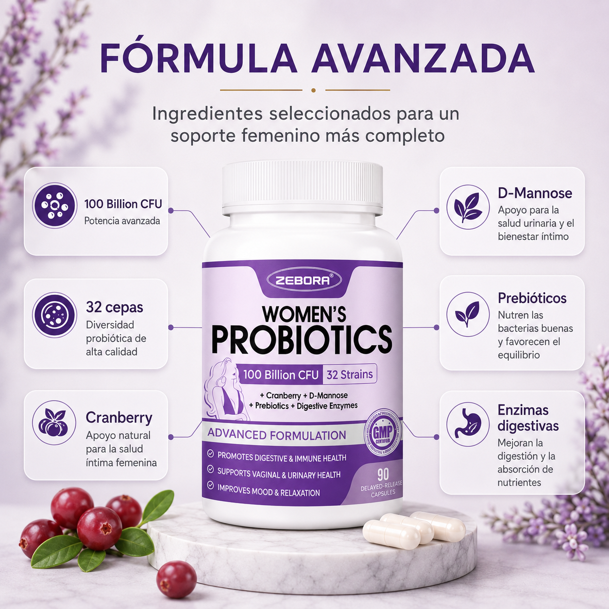 PRÓBIOTICOS PARA LA MUJER 32 CEPAS 100 BILLONES ZEBORA
