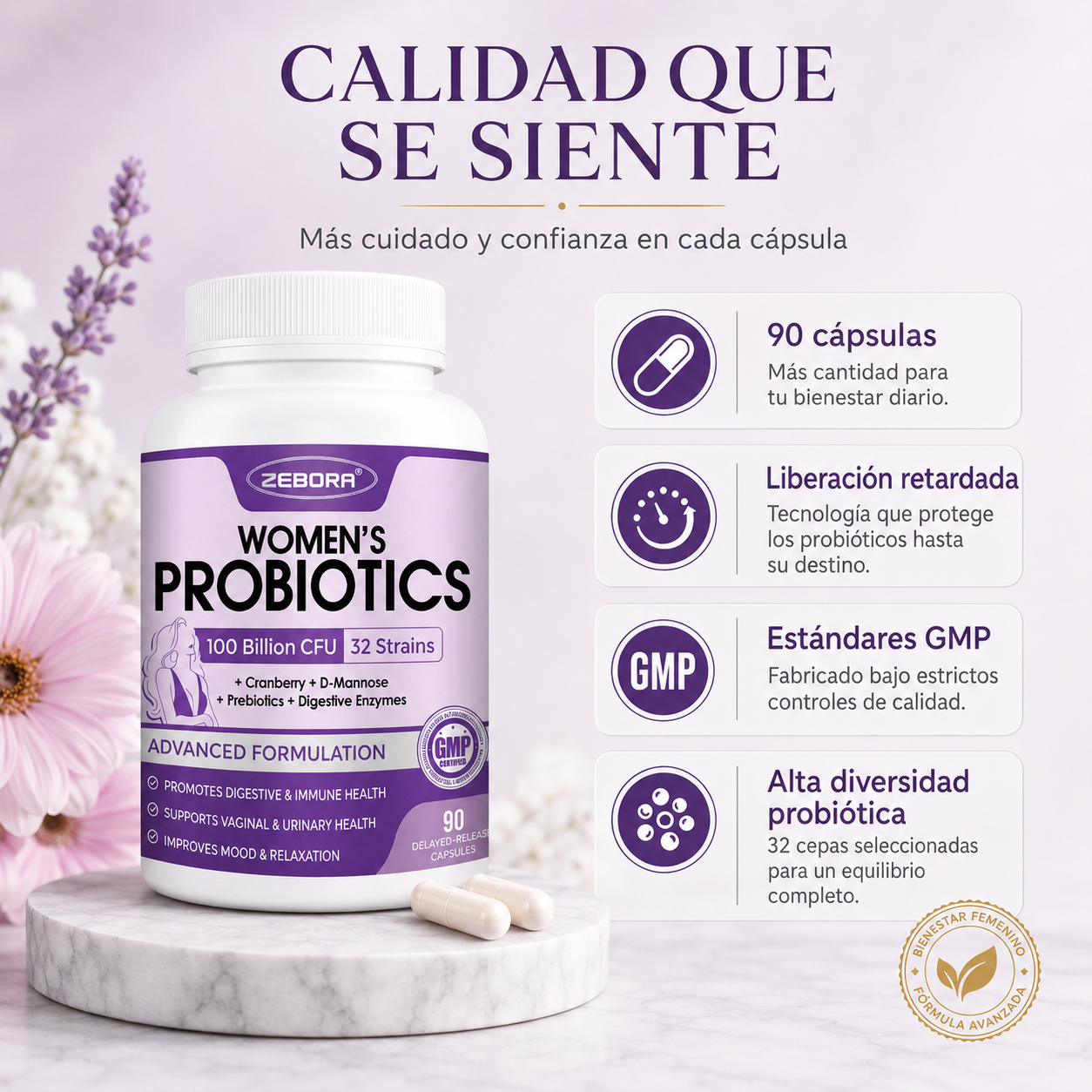 PRÓBIOTICOS PARA LA MUJER 32 CEPAS 100 BILLONES ZEBORA